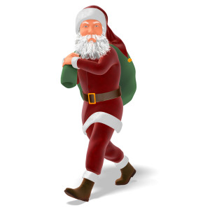 In this clipart image, Santa Clause is walking and carrying a large bag over his shoulder, with a joyful smile on his face.  Use this clipart image for all of your Christmas, holiday, or seasonal themed presentations.