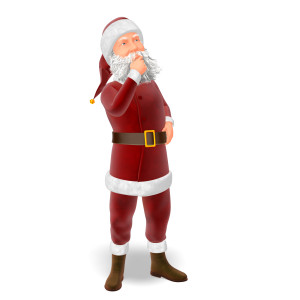 In this clipart image, Santa Claus is posed with one hand on his waist and the other on the chin.  He is looking up in direction, seemingly deep in thought.  Use this clipart image for all of your holiday themed presentations.