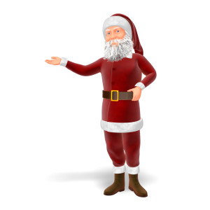 This festive clipart image features Santa Claus posed presenting to the side.  He has a large smile on his face with one hand on his waist, and the other hand extended off to his side.  Use this clipart image for all your Chistmas, holiday, or seasonal themed presentations.