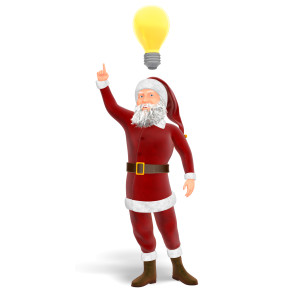 This clipart image features Santa Claus standing under a large light bulb and pointing upward as he has a bright idea. Use this holiday themed clipart about problem solving, to add a great visual element to accompany a message about innovation, a new idea, or developing a solution.