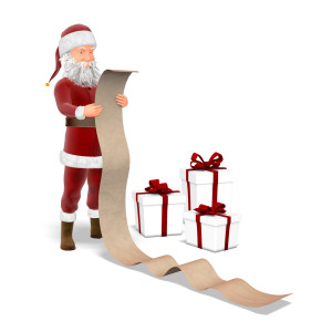 In this Holiday themed clipart image, Santa Claus is posed standing and looking at a long list.  The list stretches down to the floor, and extends out away from Santa.  A small stack of wrapped presents rest next to Santa and the list.  Use this clipart image for all of your Holiday themed presentations.