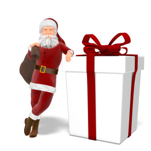 In this holiday themed clipart image, Santa Claus is posed leaning up against a large present.  Santa displays a happy expression, while holding a bag of presents over his shoulder. Use this holiday themed image for all of your Christmas and seasonal presentations.