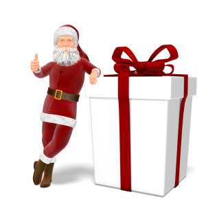 In this holiday themed clipart image, Santa Claus is posed leaning up against a large present.  He is also giving an enthusiastic thumbs up, with an excited expression on his face.  Use this clipart image for all of your presentations involving Christmas, holidays, or seasons!