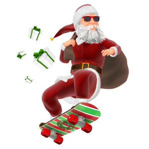 In this clipart image, Santa is flying through the air on a skateboard.  He has a large bag of gifts over one of his shoulders, while a handful of presents are flying off into the distance.  Santa is also wearing sunglasses, which you can use the customizer to change their color.  Use this clipart image for all of your exciting holiday themed presentations.