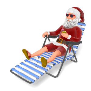Santa Claus Christmas holiday vacation travel relax beach sunshine shades glasses sunglasses beverage drink cocktail sleep rest shorts sandals downtime