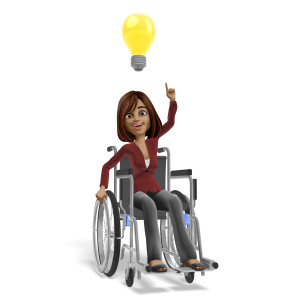 This clipart image shows the businesswoman character Talia seated in a wheelchair, under a large light bulb and pointing upward as she has a bright idea. Use this problem solving clipart to add a great visual element to accompany a message about innovation, a new idea, or solving a problem.