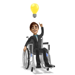 This clipart image shows the businessman character Brad seated in a wheelchair, under a large light bulb and pointing upward as he has a bright idea. Use this problem solving clipart to add a great visual element to accompany a message about innovation, a new idea, or solving a problem.