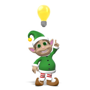 This clipart image features Ralph the Christmas elf standing under a large light bulb with a joyful expression on his face.  He is enthusiastically pointing upward, as he has a bright idea. Use this problem solving clipart to add a great visual element to accompany a message about innovation, a new idea, or solving a problem.