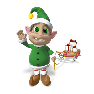 This clipart image features Ralph the Christmas elf in a greeting pose.  Ralph is waving towards the viewer with a joyful expression on his face.  In his other hand, he is holding onto a rope that is attached to a sled, which is carrying a small stack of presents.  Use this holiday themed clipart for all of your Christmas and seasonal presentations.