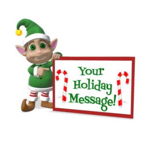 In this custom clipart image, Ralph the Christmas elf is standing with a joyful expression on his face next to a large sign.  He is holding it with one hand, and pointing towards it with his other hand.  Personalize this clipart image by adding your own special images or text, to deliver a personal holiday themed message on Ralph&#039;s sign.