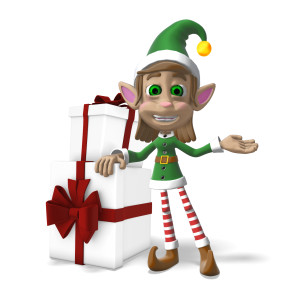 An elf character standing next to large presents.