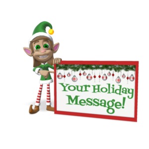 In this custom clipart image, Merry the Christmas elf is standing with a joyful expression on her face next to a large sign.  She is holding it with one hand, and pointing towards it with her other hand.  Personalize this clipart image by adding your own special images or text, to deliver a personal holiday themed message on Merry&#039;s sign.