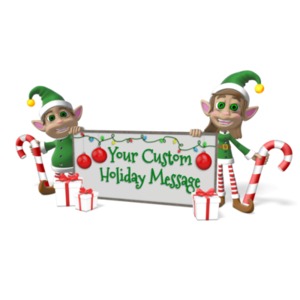In this custom clipart image, the Christmas elves Merry and Ralph are standing with a joyful expression on their faces next to a large sign.  They are each holding it with one hand, while holding a large candy cane with their other hands. A small stack of presents are also positioned in front of the sign.  Personalize this clipart image by adding your own special images or text, to deliver a personal holiday themed message.