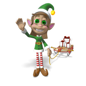 This clipart image features the Christmas elf Merry in a greeting pose.  Merry is waving towards the viewer with a joyful expression on her face.  In her other hand, she is holding onto a rope that is attached to a sled, which is carrying a small stack of presents.  Use this holiday themed clipart for all of your Christmas and seasonal presentations.