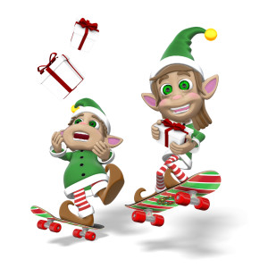 This clipart image features the Christmas Elves Merry and Ralph delivering presents on skateboards.  Ralph has accidentally throwing his presents in the air with a concerned look on his face, as he is losing his balance.  Merry has a joyful expression on her face as she holds on to her present, while flying through the air on her skateboard.  Use this fun and humorous clipart image for all of your exciting holiday themed presentations.