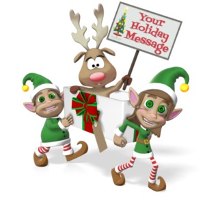 In this custom clipart image, the Christmas elves Merry and Ralph are happily carrying a large opened present.  Sitting in the present is a small reindeer, who is holding up a sign for the user to customize.   Personalize this humorous clipart image by adding your own special images or text, to deliver a personal holiday themed message.