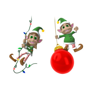 This clipart image features the Christmas elves Merry and Ralph excitedly swinging from holiday decorations.  Merry is swinging from a string of holiday lights, while Ralph is swinging from a holiday ornament.  Use this clipart image for all of your holiday themed presentations.