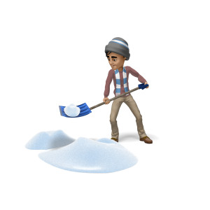 In this clipart image, Brad is shoveling snow.  He is bundled up in a sweater, hat, and scarf, while he moves snow with a blue snow shovel.  Use this clipart image for your cold, winter, or seasonal presentations.