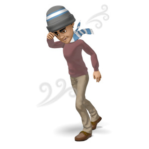 In this clipart image, Brad is bundled up in a sweater, hat, and scarf, and is walking in a windy winter storm.  He is using his arm to shield his face as he leans forward trying to walk through the windy atmosphere, with a frustrated expression on his face.  Use this clipart image for your cold, winter, or seasonal presentations.