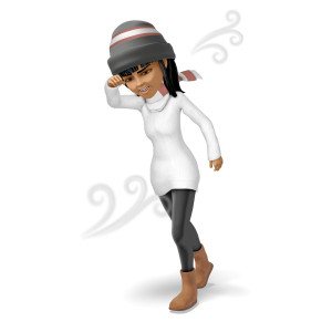 In this clipart image, Kim is bundled up in a sweater, hat, and scarf, and is walking in a windy winter storm.  She is using her arm to shield her face as she leans forward trying to walk through the windy atmosphere, with a frustrated expression on her face.  Use this clipart image for your cold, winter, or seasonal presentations.