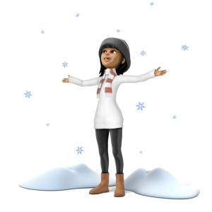 In this clipart image, Kim is bundled up in winter gear and standing outdoors.  She is looking upwards with a joyful expression on her face, while having her arms reaching outwards as snowflakes are falling around her.  Use this clipart image for all of your seasonal and winter presentation needs.