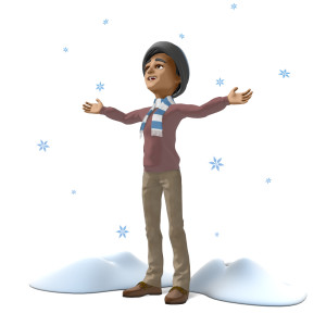 In this clipart image, Brad is bundled up in winter gear and standing outdoors.  He is looking upwards with a joyful expression on his face, while having his arms reaching outwards as snowflakes are falling around him.  Use this clipart image for all of your seasonal and winter presentation needs.