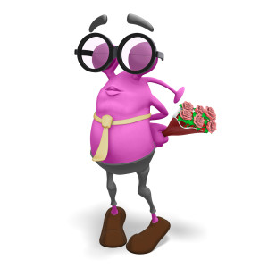 This clipart image features the business alien character Jerry leaning in for a kiss.  Jerry is standing on his tip toes, closing his eyes, leaning forward, puckering his lips, and holding a bouquet of roses behind his back.  Use this humorous clipart image for all of your love and valentine&#039;s day presentations.