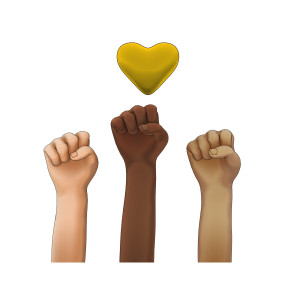 This clipart image features three forearms with clenched fists raised in the air.  Each forearm is a different skin tone, as a representation of unity in diversity.  A large yellow heart resides above the three raised fists as a symbol of love and friendship.  Use this clipart image for your presentations involving unity, diversity, teamwork, friendship, and partnership.