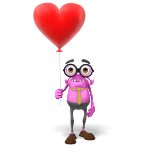 This clipart image features the business alien character Jerry standing and holding a large balloon.  The balloon is shaped like a heart, as a symbol of love or compassion.  Jerry has a smile on his face, as he is happy to deliver a loving message.  Use this fun clipart image for all your presentations involving Valentine&#039;s day, love, and friendship.