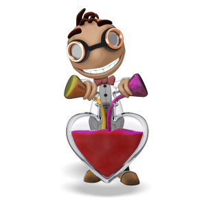 This clipart image features the presentation character data pouring two chemicals into a large heart shaped chemistry beaker.  The two chemicals are different colors and they have mixed together in the large heart shaped beaker to form a new color.  Use this image as a fun and creative reference to love, chemistry, unity, and more.