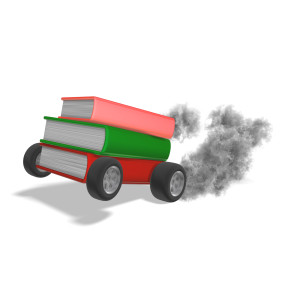 In this clipart image, a small stack of books rapidly accelerate forward.  The books are fitted with four wheels.  The rear tires are spinning rapidly, while a cloud of smoke billows behind the tires.  Use this clipart image for your presentations involving reading, education, reading across america, and more!