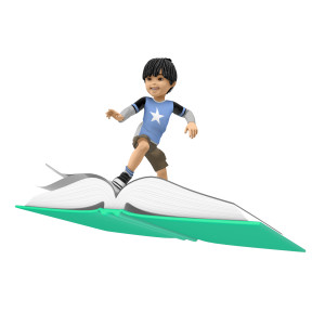 This clipart image shows the young presentation character James surfing on a large open book.  His body is positioned to maintain balance and he has a large smile on his face.  The pages of the book appear to be flapping in the breeze, as the book and James soar through the air.   Use this image for presentations involving reading, education, writing, and more.