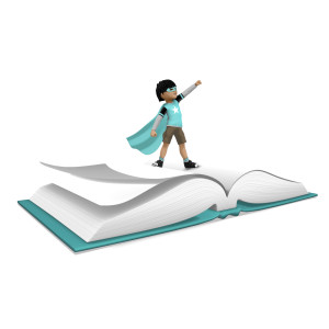 This clipart image features the young presentation character James as a super hero.  James is standing in a strong pose on top of a large open book.  James&#039; cape, as well as a few book pages, are flapping in the breeze.  Use this clipart image as a representation of storytelling, character, strength, imagination, and more.