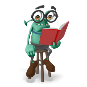 This clipart image features the presentation character Jerry reading.  Jerry is sitting on a small stool and holding a book with one hand. His other hand rests on his knee. Use this animation as a fun way to promote reading, learning, and education.