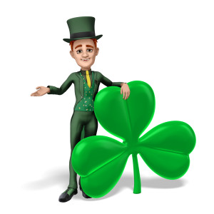 In this clipart image, Hank is dressed in a green St. Patrick&#039;s day outfit.  Hank is leaning up against a large shamrock, and presenting to the side with a large smile on his face.  Use this fun St. Patrick&#039;s Day themed clipart for all of your holiday presentation needs.