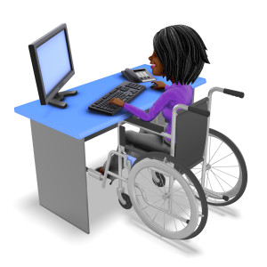This clipart image shows the businesswoman character Jada seated in a wheelchair and working on a computer at a desk. On top of her desk resides a monitor, computer mouse, and a telephone.  Jada is looking in the monitors direction with a happy expression on her face. Use this clipart image for your presentations involving work, business, finance, and more.