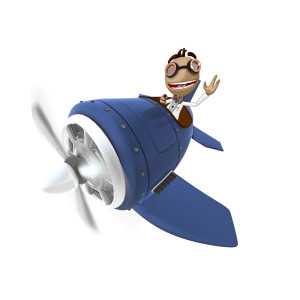 This clipart image features the presentation character Data flying a small airplane.  Data has one hand on the control stick, while his other hand is waving towards the viewer.  Data has a joyful expression on his face, while his hair is blowing back in the wind.  Use this fun clipart image for all of your unique presentation needs.