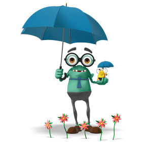 This clipart image features the presentation character Jerry and a small bumble bee holding umbrellas.  Both characters have the umbrellas opened above their heads, and have a happy smile on their faces.  A row of blooming flowers are positioned in front of the characters.  Use this clipart image as a unique and fun representation of the spring season.