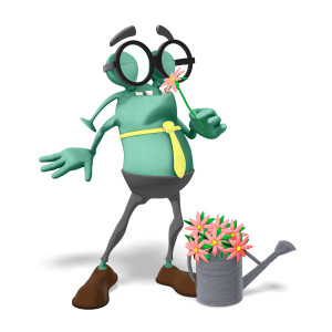 This clipart image features the presentation character Jerry smelling a fresh spring flower.  Jerry&#039;s eyes are closed and he has a smile on his face as he smells the flower.  Resting on the ground is a metal watering can filled with freshly picked flowers.  Use this clipart image as a fun and unique reference to the season of Spring, or as a visual representation to stop and smell the flowers.