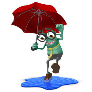 This clipart image features the presentation character Jerry splashing in a large puddle of water.  Jerry holds onto an umbrella while splashing down into the puddle, after leaping into the air.  Use this clipart image as a representation of rain, the season of Spring, the outdoors, and more.