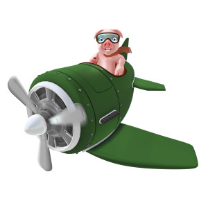 This clipart image features a single pig flying a cartoon plane.  The pig is wearing a set of goggles, a scarf, and a happy smile, as he comfortably soars through the air.  This is a great representation for the idiom &quot;When Pigs Can Fly.&quot;