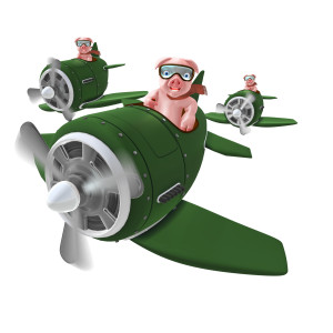 This clipart image features a small squadron of 3 pigs flying cartoon planes. The pigs are wearing sets of goggles, scarves, and happy smiles, as they comfortably soar through the air. This is a great representation for the idiom &quot;When Pigs Can Fly.&quot;