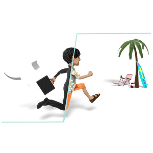 This clipart image features the business presentation character Brad running for a change of pace.  Half of his appearance resembles that of a professional work environment, while the other half of his appearance resembles someone who is on a warm vacation.  A thin blue line separates the different versions of Brad.  Business papers float in the air behind his briefcase as he is running towards a palm tree, beach chair, surf board, and a beach ball off in the distance.  Use this clipart image as a visual representation of the idiom, &quot;Change of Pace.&quot;