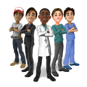 This clipart image features a group of male workers from various industries standing in strong power poses.  They have their arms folded and feet firmly planted on the ground.  They all have smiles on their faces, as they represent their industry.  Use this clipart image as a great representation for diversity, male workforce, work industry, and more.