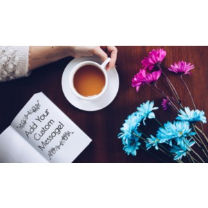 This custom text image features a woman&#039;s hand reaching for a cup of coffee, while an open book and a small number of flowers rest nearby.  Use the custom image builder to create your own unique message to be displayed on the book&#039;s page.