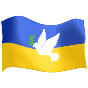 This clipart image features the silhouette of a dove flying in front of the flag of Ukraine.  The dove has a olive branch in its mouth, as it flies in front of the waving flag of Ukraine.  Use this clipart image as a visual representation of support for peace in Ukraine.