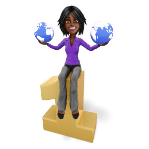 This clipart image features the presentation character Jada holding two small planets while sitting on a large number one.  Jada has a joyful expression on her face, while she holds up the two planets with each hand.  Use this clipart image as a visual representation of the idiom, &quot;Best Of Both Worlds.&quot;
