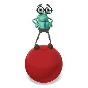 This clipart image features the presentation character Jerry standing on top of a large ball.  Jerry stands atop the ball in a strong and confident pose.  He has his hands on his waist, and he is looking off into the distance.  Use this clipart image as a visual representation of the idiom &quot;On The Ball.&quot;