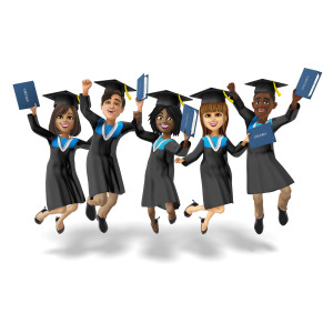 This clipart image features a small group of graduates leaping in the air with celebration.  Each graduate is holding onto their diploma, and have joyful expressions on their faces.  Use this clipart image for all of your presentation needs for graduation and celebrations.