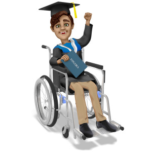 This clipart image features a recent male graduate in a wheelchair.  He is holding is diploma in one hand, and raising his other hand in celebration.  The graduate has a large smile on his face, as he celebrates a monumental achievement.  Use this clipart image for all of your presentations involving education, graduation, accomplishment, and more.
